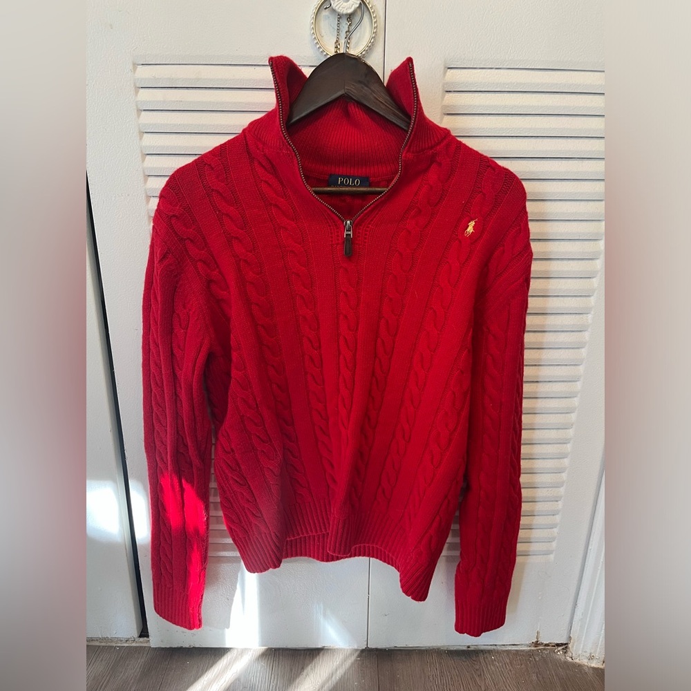 Ralph Lauren Red Sweater Fennel Neck Zip Sweater Gold embroidered sign